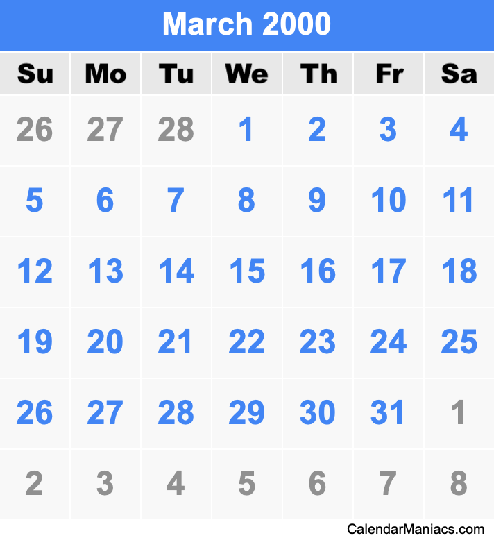 March 2000 Calendar March 2000 Calendar