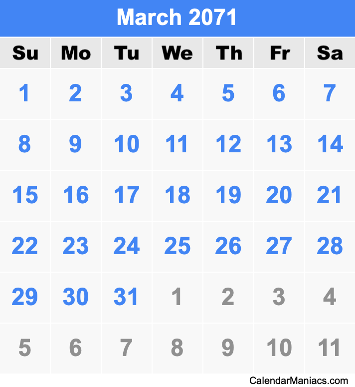 March 2071 Calendar