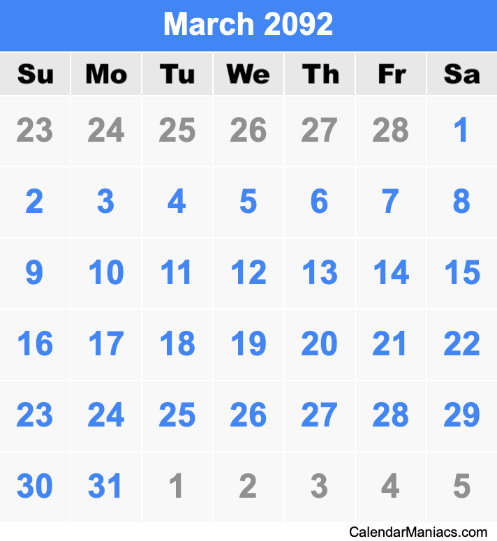 March 2092 Printable Calendar March 2092 Calendar