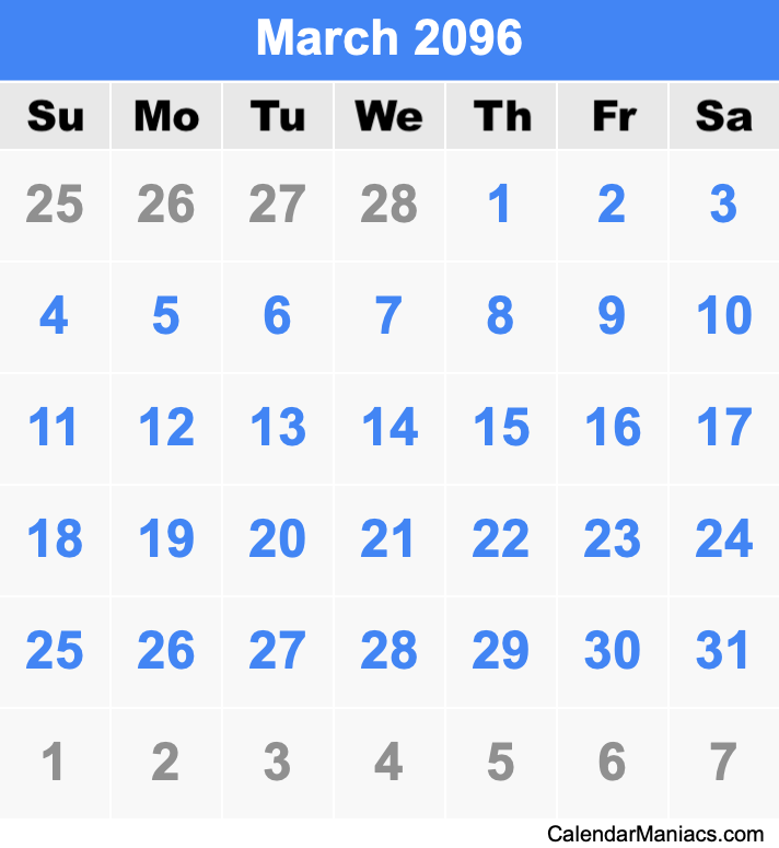 March 2096 Calendar