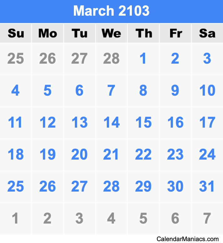 March 2103 Printable Calendar March 2103 Calendar