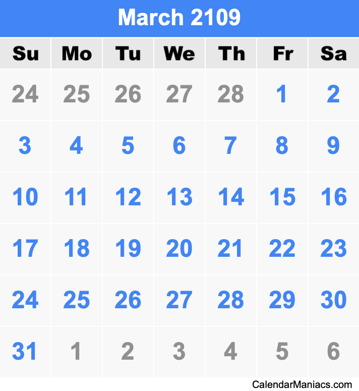 March 2109 Printable Calendar March 2109 Calendar