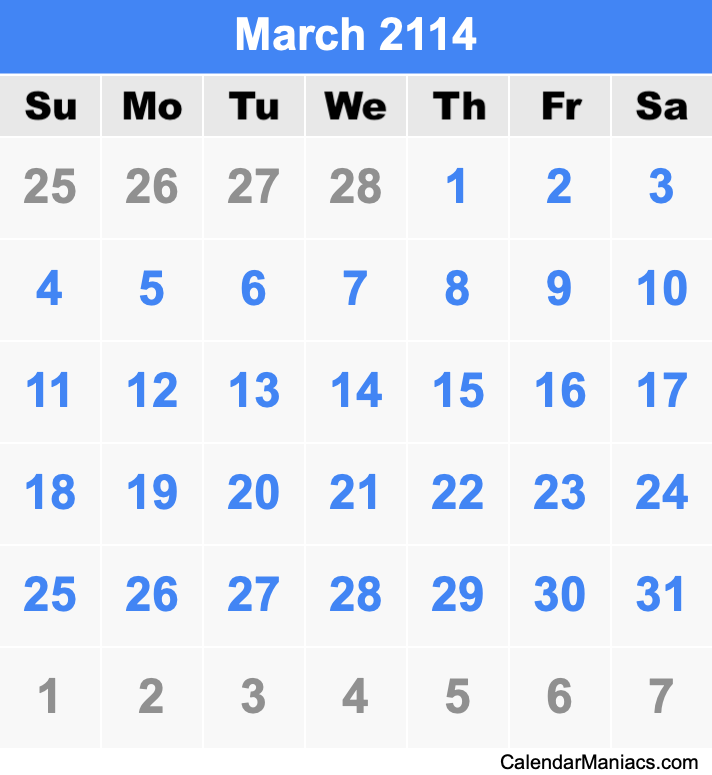 March 2114 Calendar
