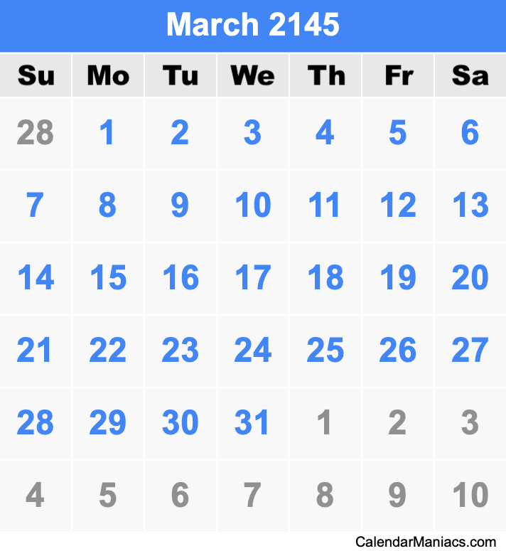 March 2145 Printable Calendar March 2145 Calendar