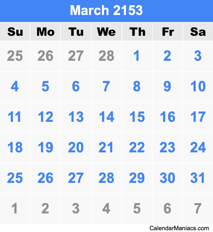 March 2153 Printable Calendar March 2153 Calendar