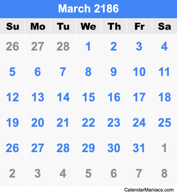 March 2186 Printable Calendar March 2186 Calendar