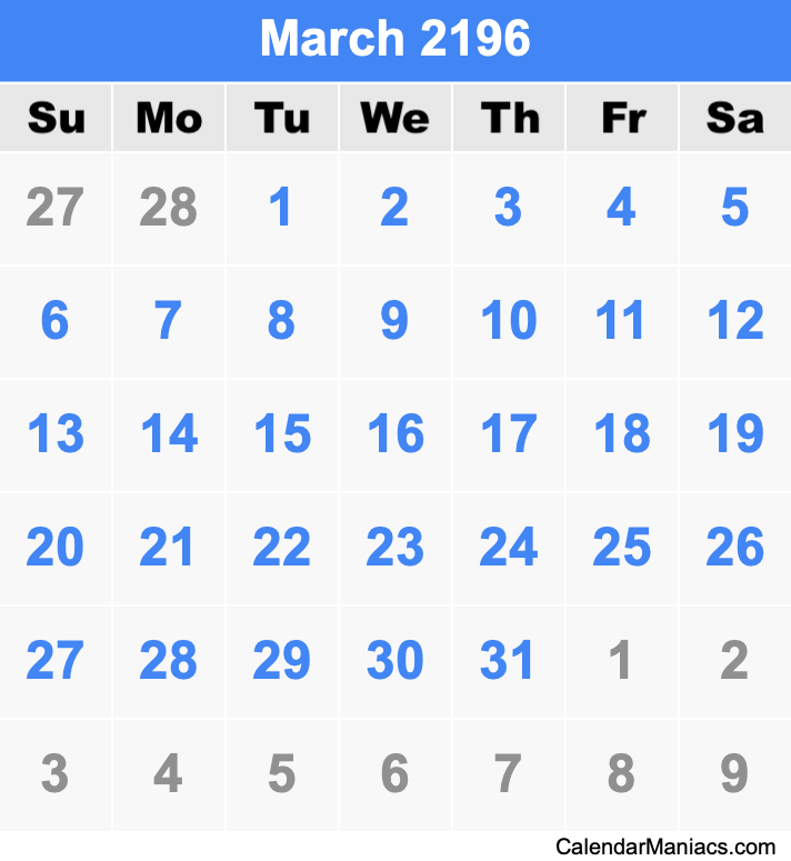 March 2196 Printable Calendar March 2196 Calendar