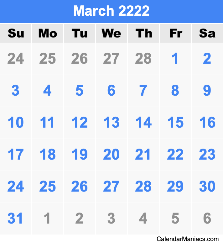 March 2222 Printable Calendar March 2222 Calendar