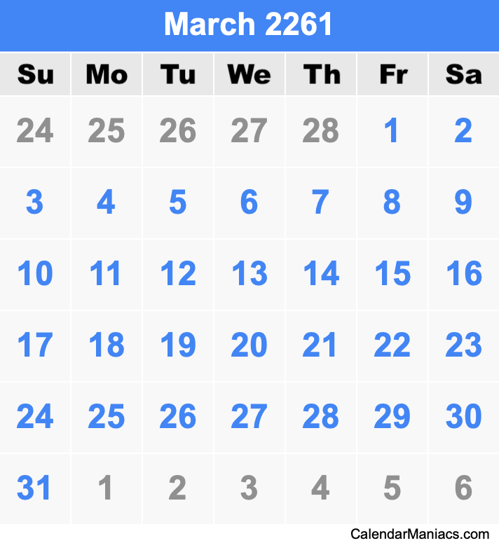 March 2261 Printable Calendar March 2261 Calendar