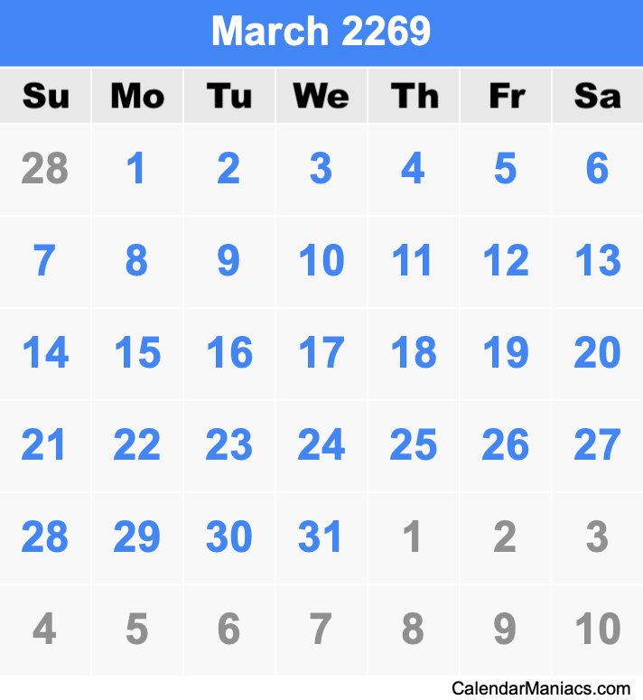 March 2269 Printable Calendar March 2269 Calendar