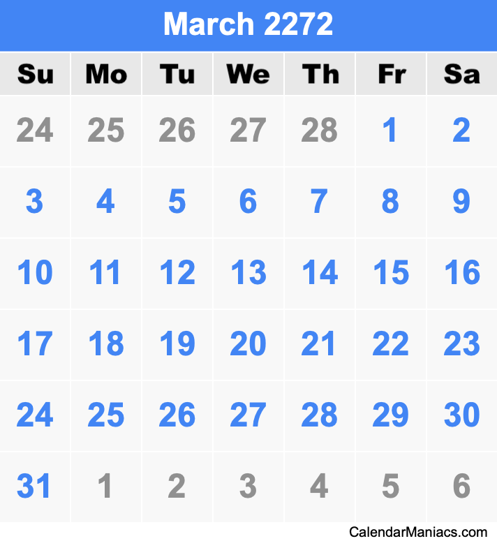 March 2272 Printable Calendar March 2272 Calendar