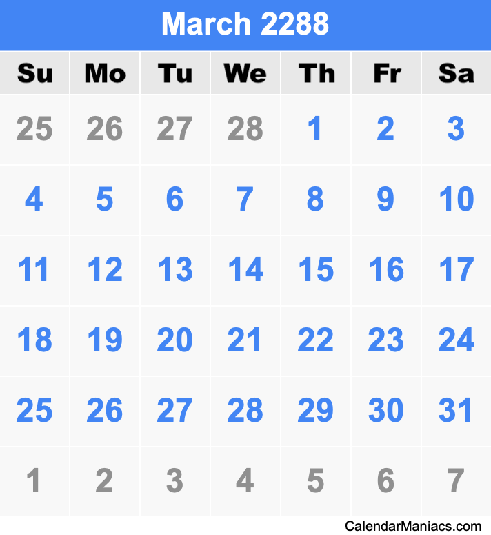 March 2288 Printable Calendar March 2288 Calendar