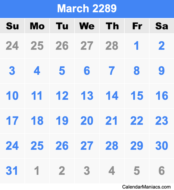March 2289 Printable Calendar March 2289 Calendar