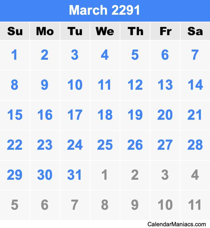 March 2291 Printable Calendar March 2291 Calendar