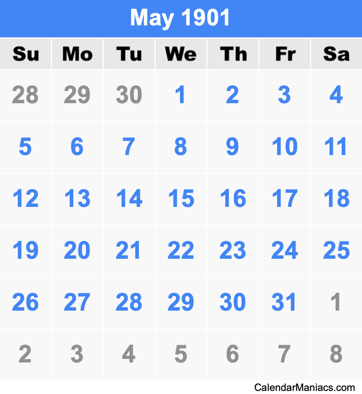May 1901 Printable Calendar May 1901 Calendar