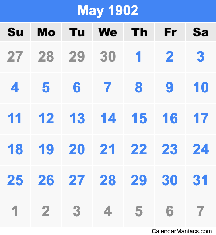 May 1902 Printable Calendar May 1902 Calendar