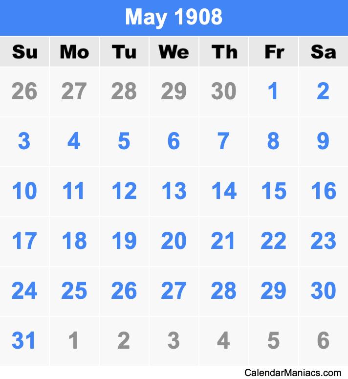 May 1908 Printable Calendar May 1908 Calendar