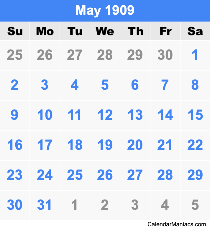 May 1909 Printable Calendar May 1909 Calendar
