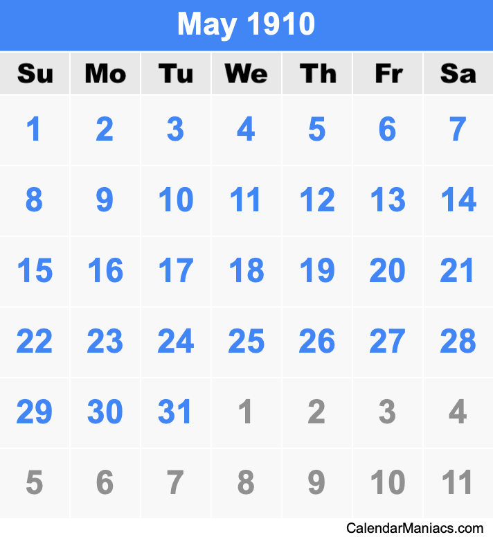 May 1910 Printable Calendar May 1910 Calendar