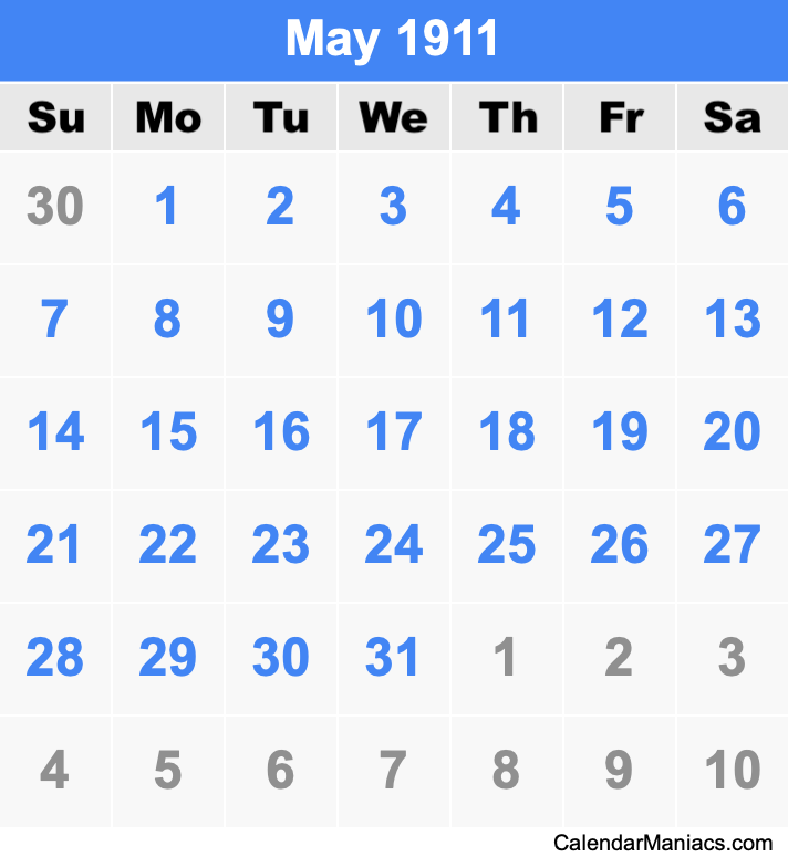 May 1911 Printable Calendar May 1911 Calendar