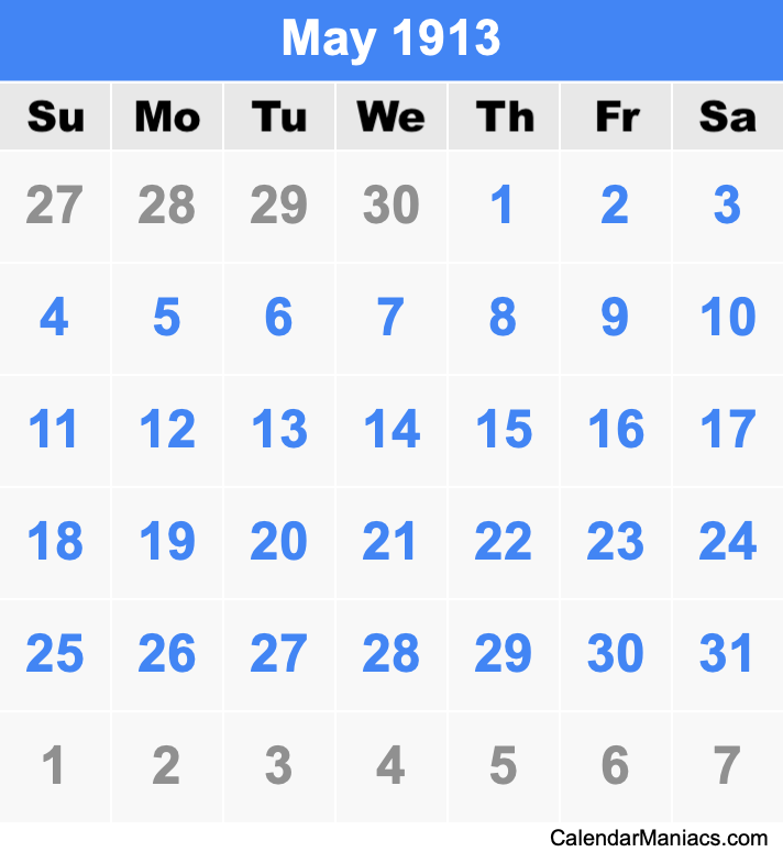 May 1913 Calendar