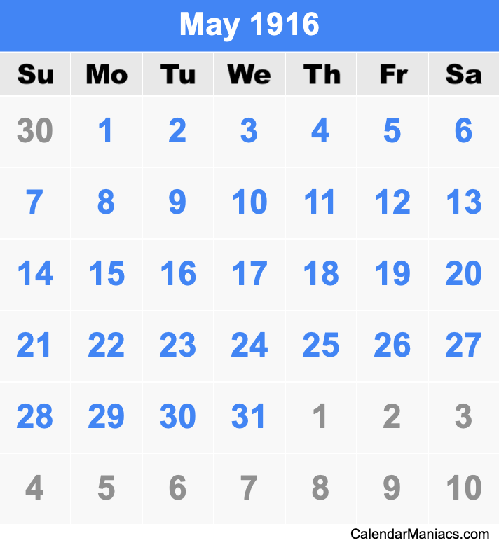 May 1916 Printable Calendar May 1916 Calendar