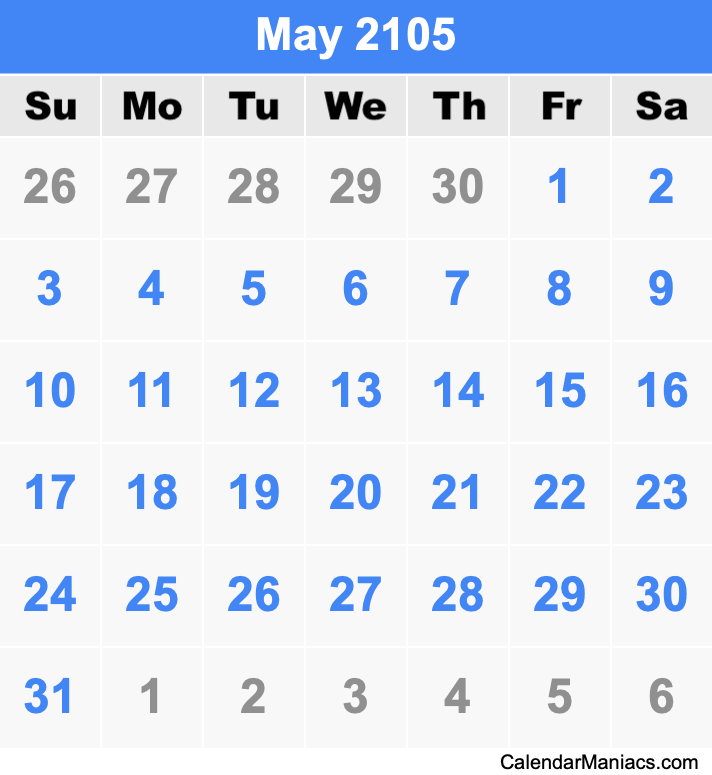 May 2105 Printable Calendar May 2105 Calendar
