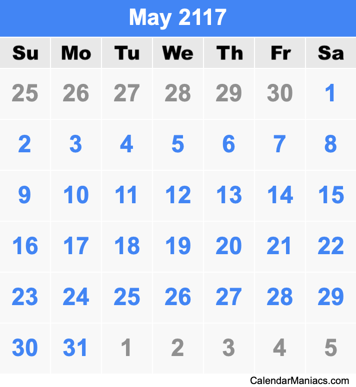 May 2117 Printable Calendar May 2117 Calendar