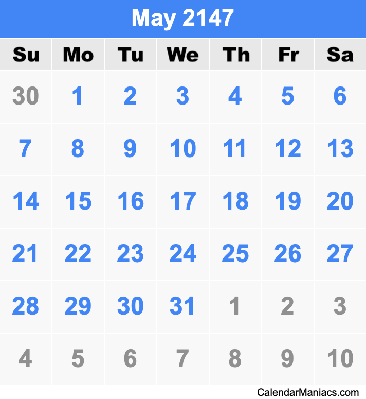 May 2147 Printable Calendar May 2147 Calendar
