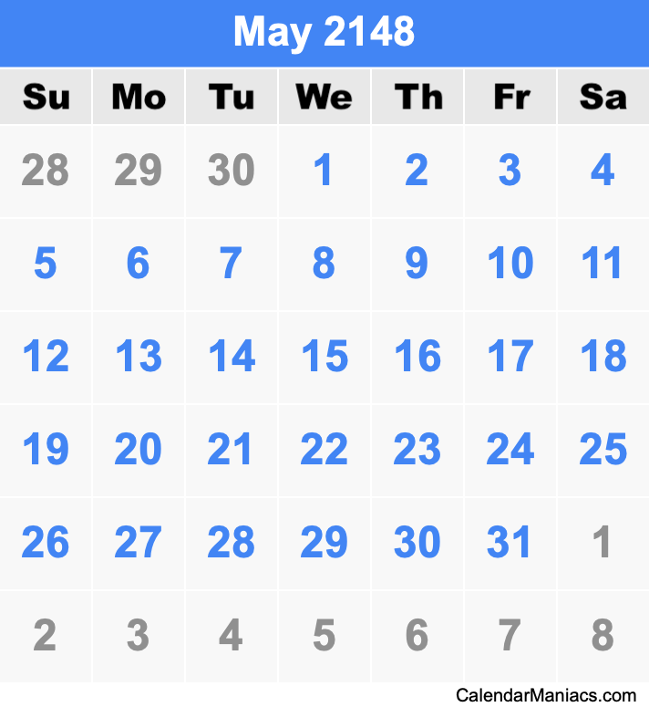 May 2148 Printable Calendar May 2148 Calendar