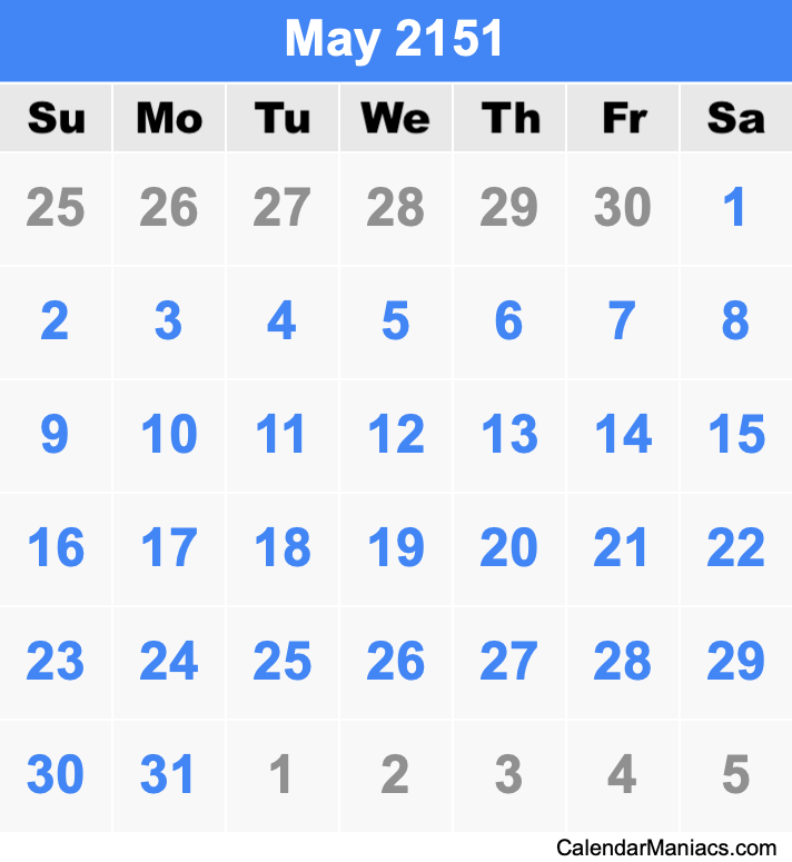 May 2151 Printable Calendar May 2151 Calendar