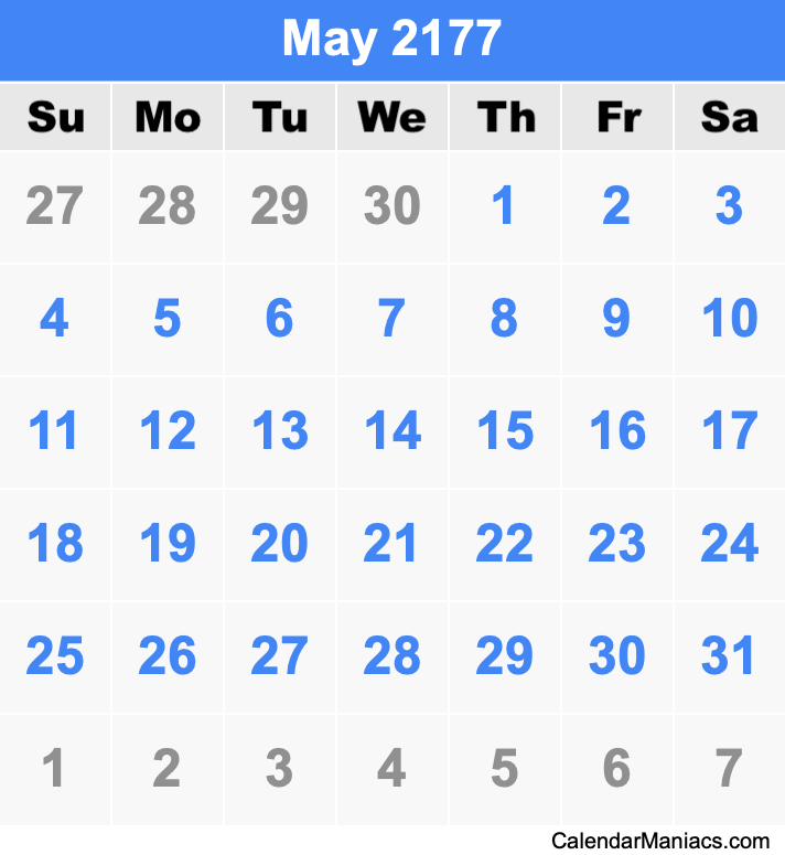 May 2177 Printable Calendar May 2177 Calendar