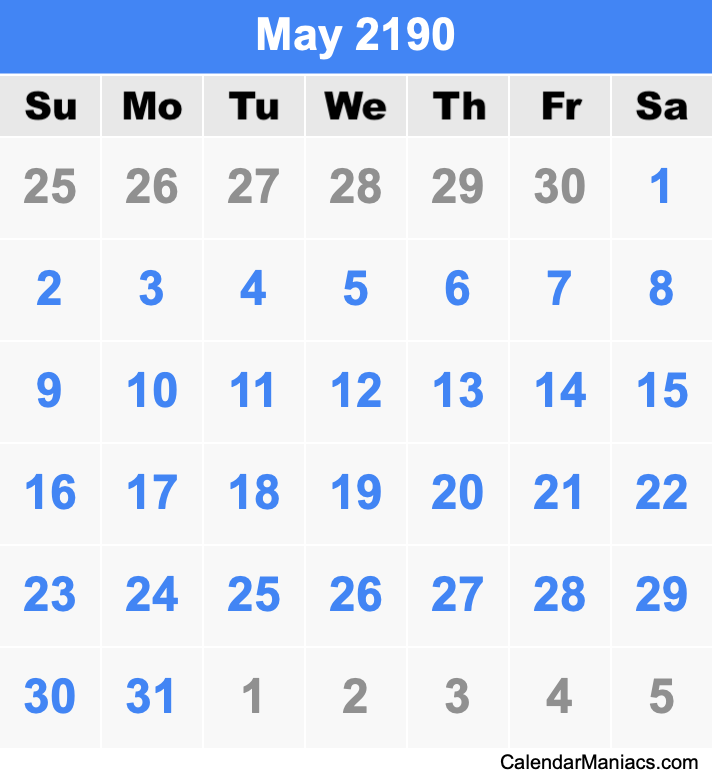 May 2190 Printable Calendar May 2190 Calendar