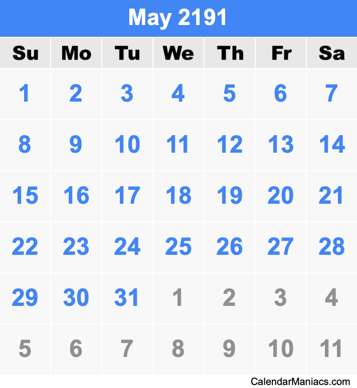 May 2191 Printable Calendar May 2191 Calendar