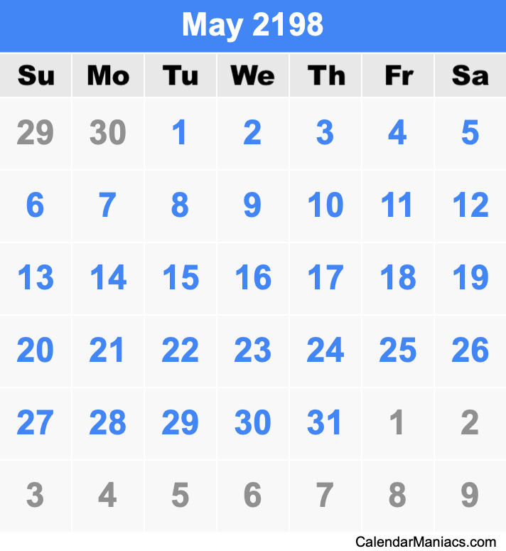 May 2198 Printable Calendar May 2198 Calendar