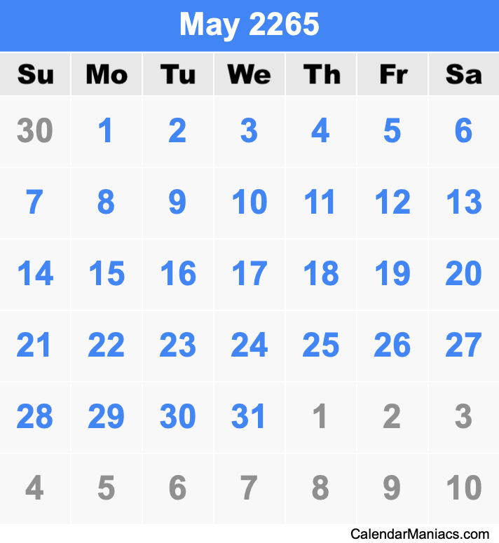 May 2265 Printable Calendar May 2265 Calendar