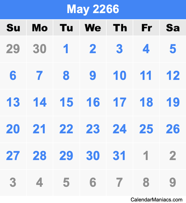 May 2266 Printable Calendar May 2266 Calendar