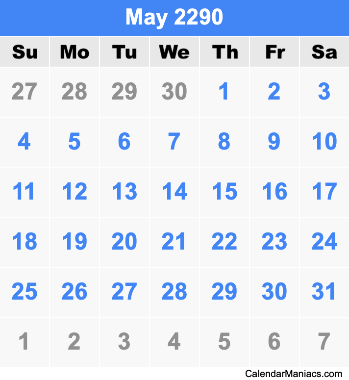 May 2290 Printable Calendar May 2290 Calendar