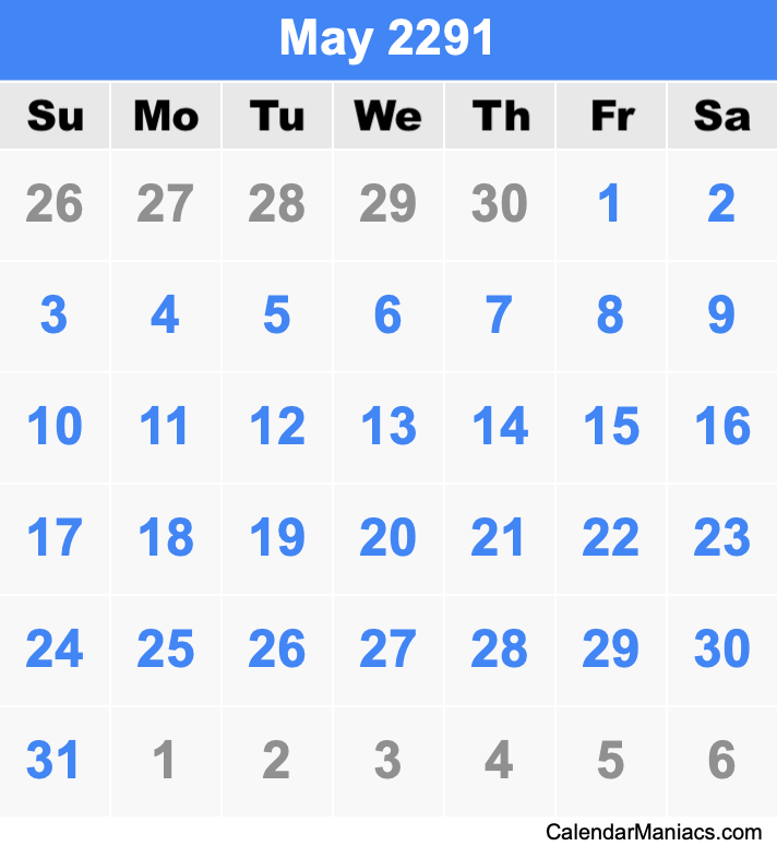 May 2291 Printable Calendar May 2291 Calendar