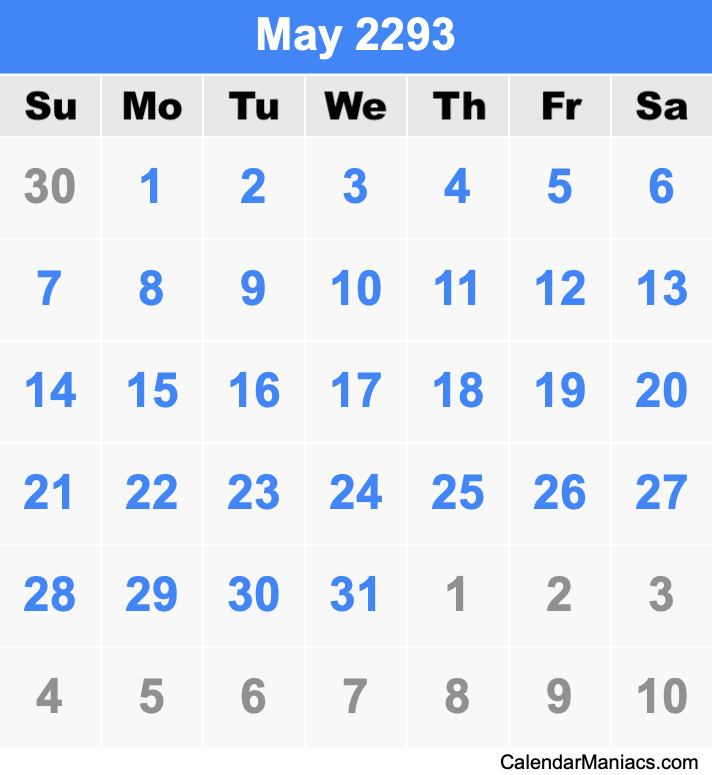 May 2293 Printable Calendar May 2293 Calendar