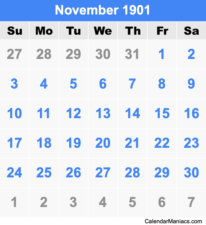 November 1901 Printable Calendar November 1901 Calendar