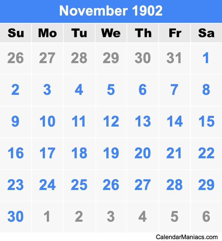 November 1902 Printable Calendar November 1902 Calendar