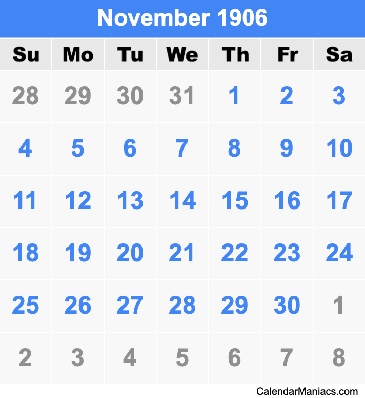 November 1906 Printable Calendar November 1906 Calendar