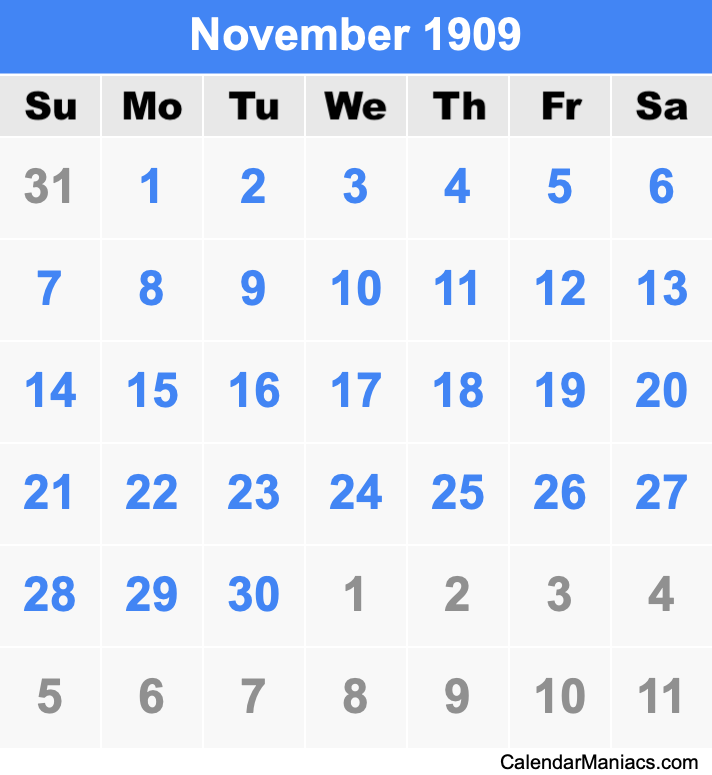 November 1909 Printable Calendar November 1909 Calendar