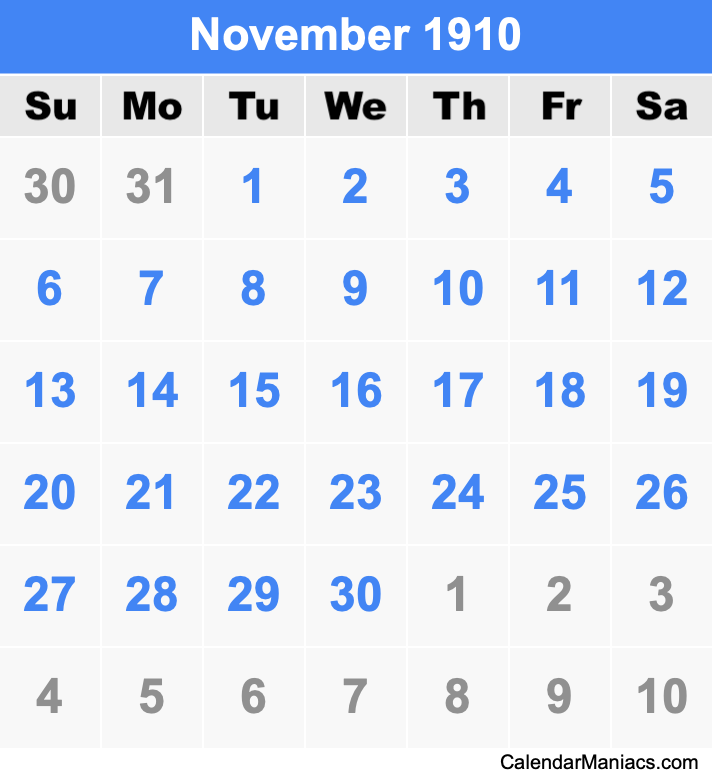 November 1910 Printable Calendar November 1910 Calendar