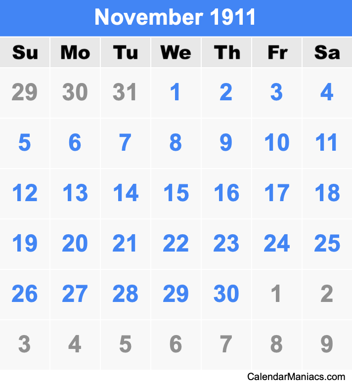 November 1911 Calendar