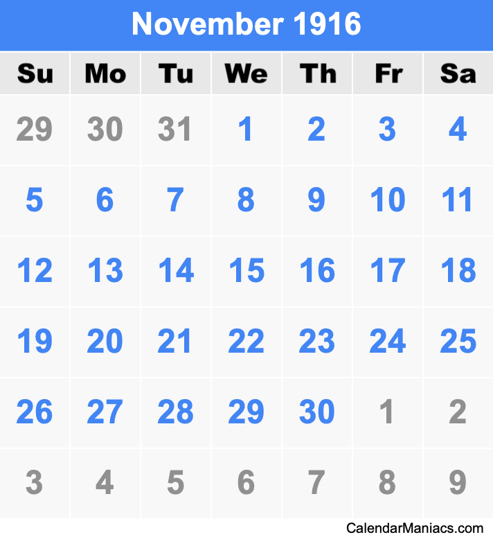 November 1916 Printable Calendar November 1916 Calendar