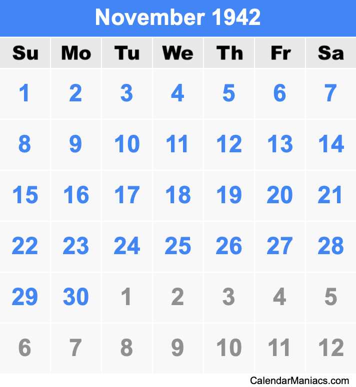 November 1942 Printable Calendar November 1942 Calendar