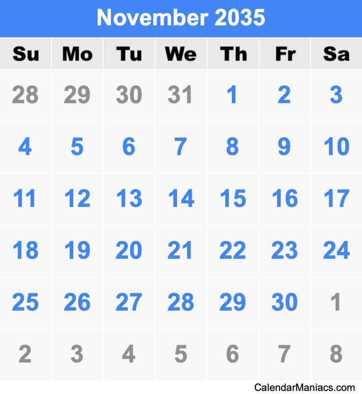 November 2035 Printable Calendar November 2035 Calendar