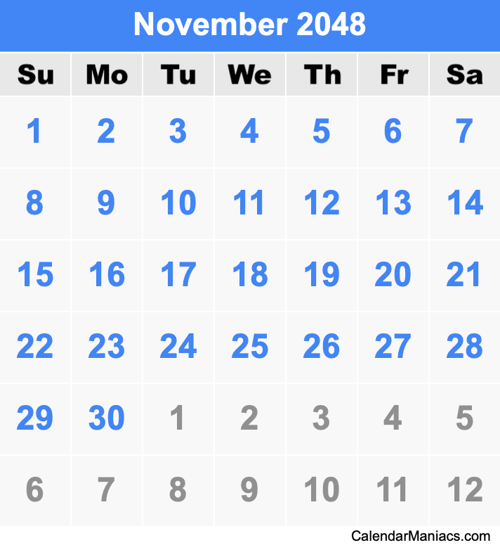 November 2048 Printable Calendar November 2048 Calendar